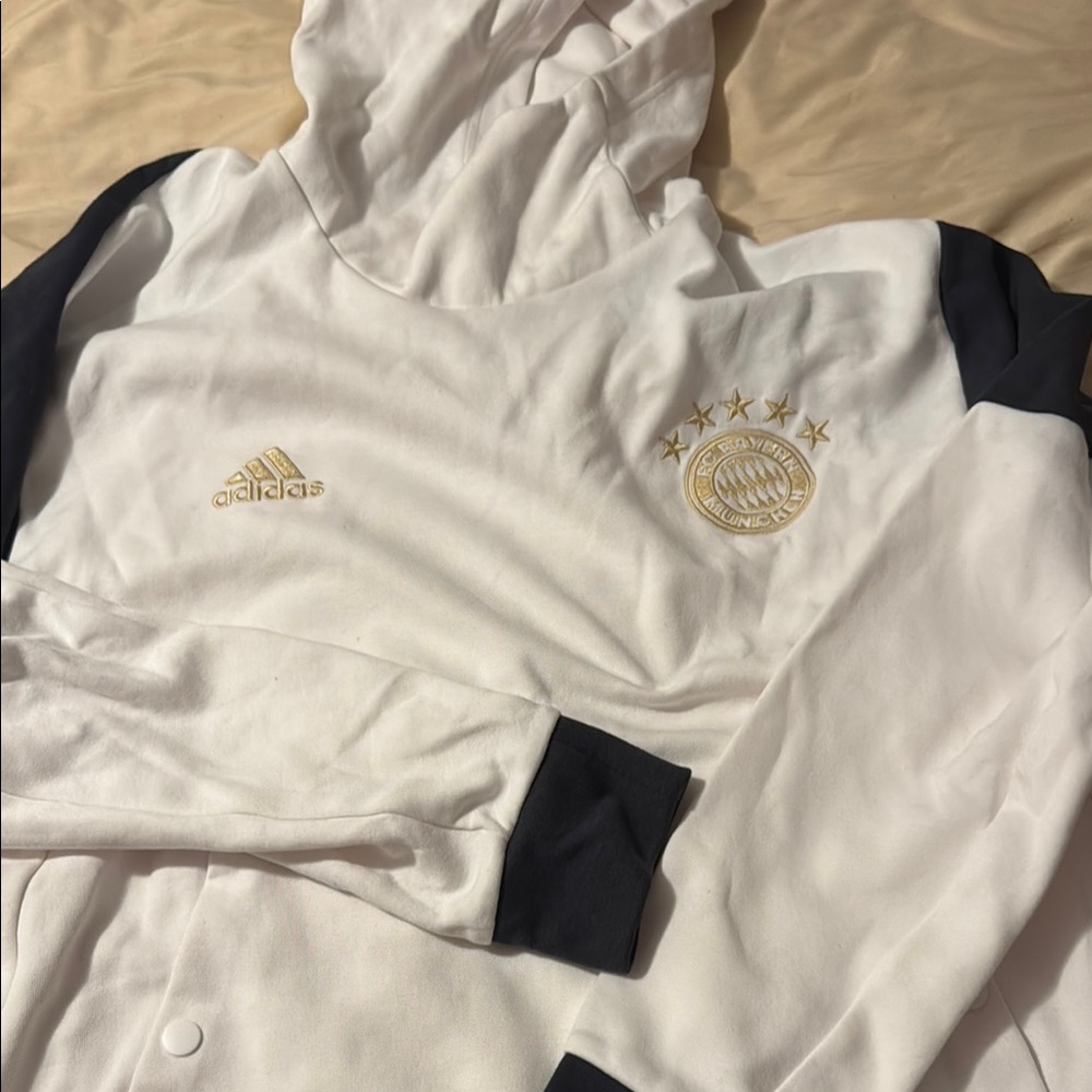 Adidas White Hoodie with Navy Sleeves and Gold Accents Bayern Munchen